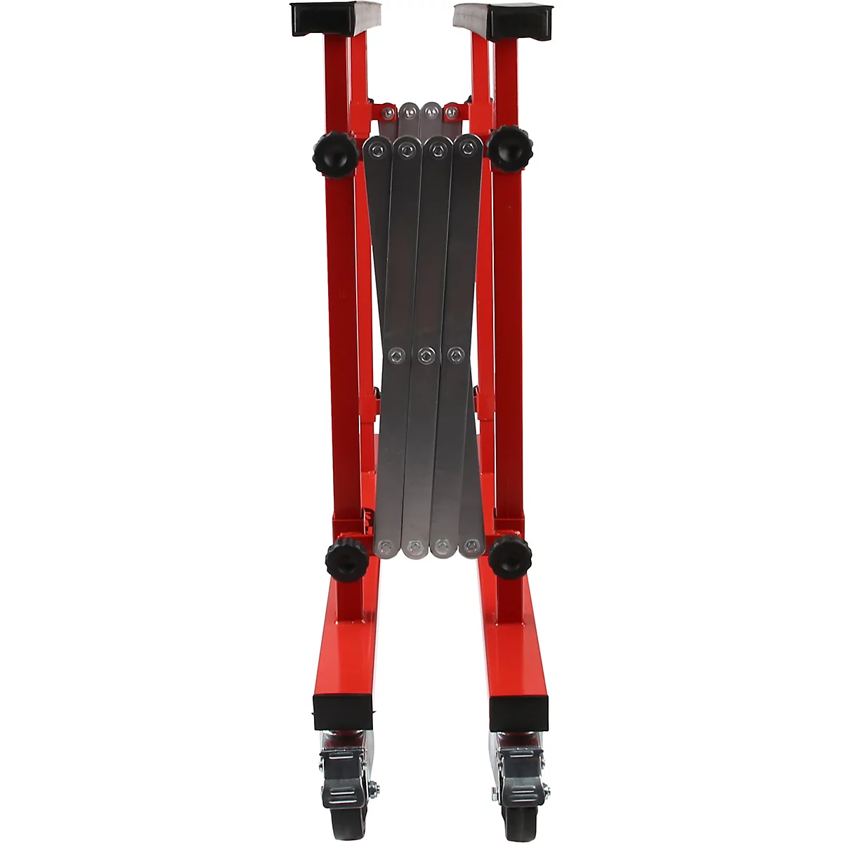 Roter Werkstattwagen, der zusammengeklappt ist. Die Details zeigen Rollen, Verstellmechanismus, und Auflageflächen.